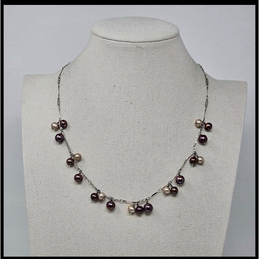 Sterling Silver Genuine Chocolate & Silver Pearl Necklace‎ 925 Adjustable 18–20"